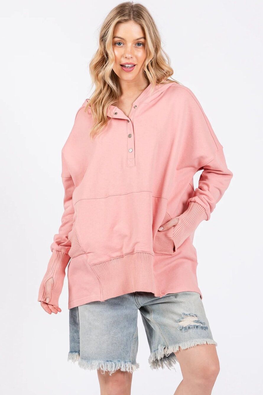 Pink Lily Oversized 6" Ribbed Sleeve Cuffs Half Snap Button Hoodie Sweatshirt S